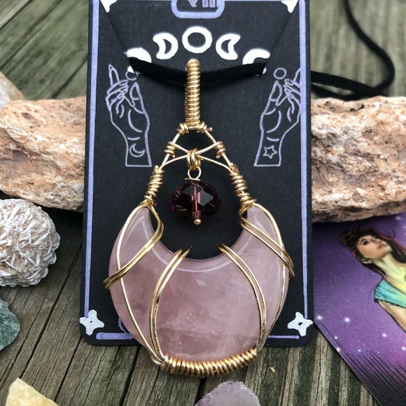 Wire Wrapped Rose Quartz Crescent Moon Crystal Necklace - Picture 4 of 14